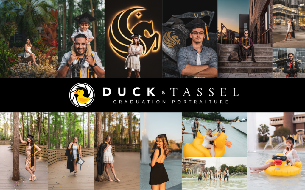 A collage of creative UCF graduation photos featuring the Spirit Splash ducks, night portraits with the Pegasus logo, and campus landmarks, with the Duck & Tassel Graduation Portraiture logo in the center.